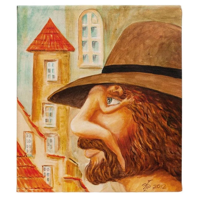 Persimmon 2012 Vlad Pronkin "Italian Man or Thinking of You" Surrealist Painting, Signed For Sale - Image 8 of 10