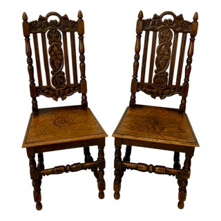Antique Carved Oak Side Chairs, 1880, Set of 2 For Sale