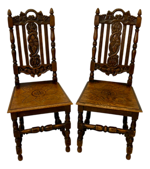 Antique Carved Oak Side Chairs, 1880, Set of 2