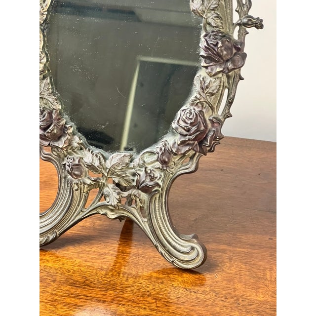 Glass Antique Art Nouveau Silvered Cast Brass Rose Vanity Dressing Mirror, Dated 1909 For Sale - Image 7 of 10