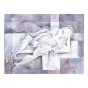 Large Vintage Cubist Figurative Nude Abstract Painting c.1990