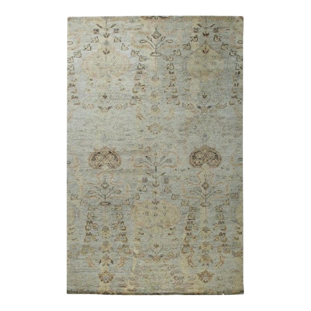 5x8 Ivory Hand-Knotted Wool Subtle Floral Canopy Geometric Modern Carpet Rug For Sale
