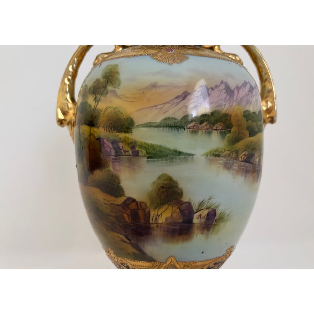 Antique Nippon Hand-Painted Scenic Covered Urn With Gilt & Jeweled Enamel, C. 1900 For Sale - Image 14 of 18