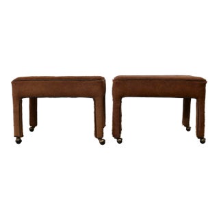 Hair on Hide Leather Parsons Ottomans on Casters - a Pair For Sale