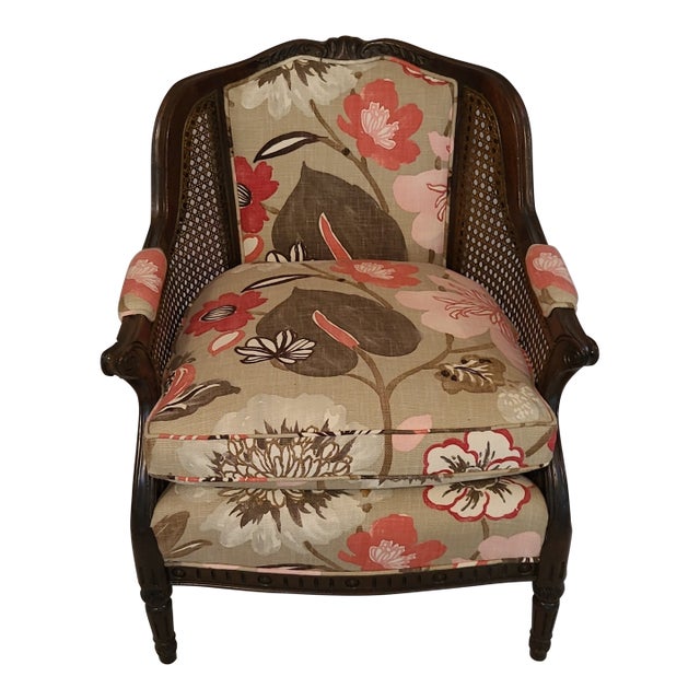 Mid 20th Century Vintage Floral Cane Lounge Chair For Sale