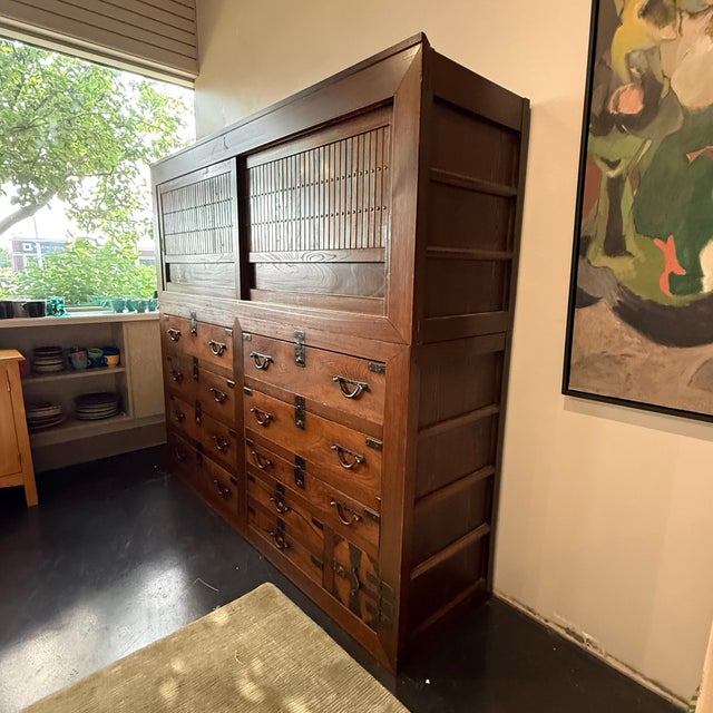 Japanese Early 20th Century Bamboo and Hinoki Wood Japanese Cabinet (Tansu) For Sale - Image 3 of 14