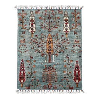 Small Persian Tree of Life Wool Rug – Hand-Knotted, 2.8x3.6 Ft, Aqua & Multicolor For Sale