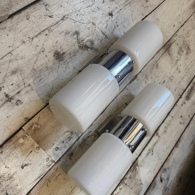 Set of Two 1960s Space Age Steel and Glass Italian Big Wall Sconces by Mazzega For Sale - Image 14 of 17