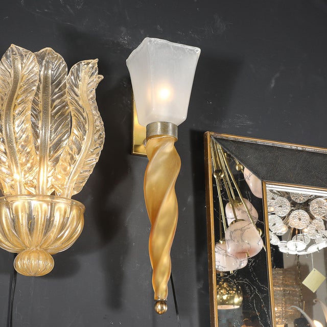 Mid 20th Century Mid-Century Hand-Blown Murano Frosted Glass Sconces With Spiral Amber Drop For Sale - Image 5 of 18