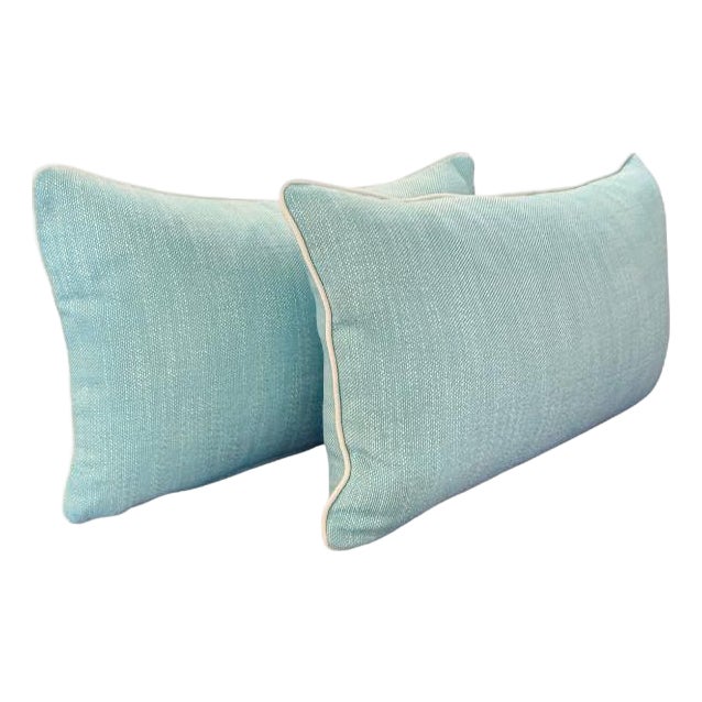 Pair of Indoor/Outdoor Aqua Lumbar Pillows With White Contrast Welt For Sale