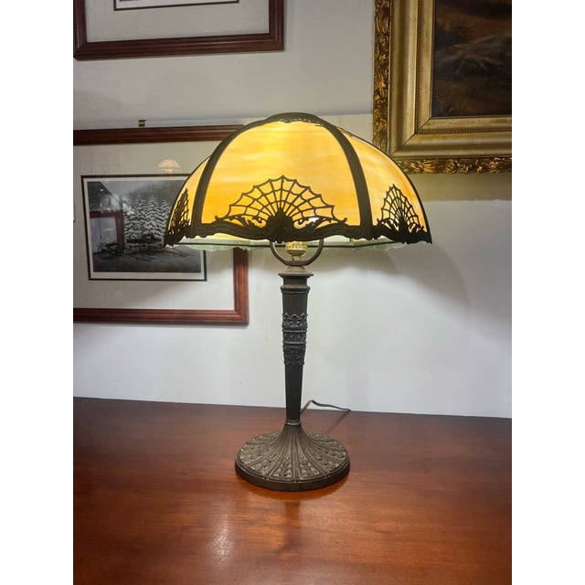 Victorian 1910s Bronze Art Nouveau Slag Glass Spider Web Design Table Lamp For Sale - Image 3 of 6
