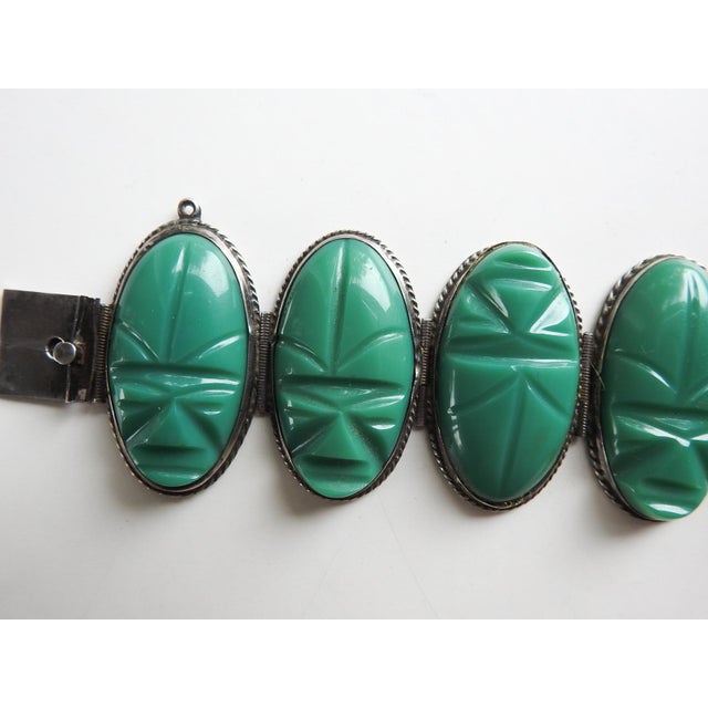 Metal Mid 20th Century Carved Green Onyx and Sterling Silver Mexico Artisan Bracelet For Sale - Image 7 of 11
