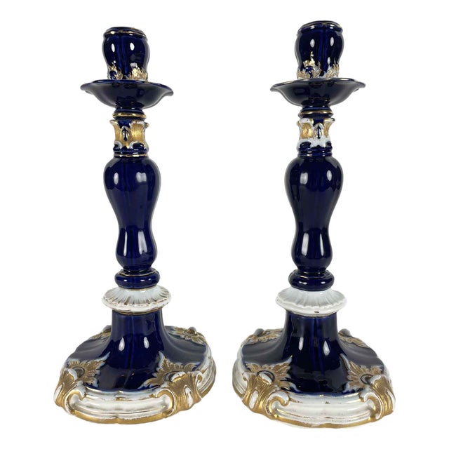 Blue and Gold Candlesticks from Meissen Porcelain, Set of 2 For Sale