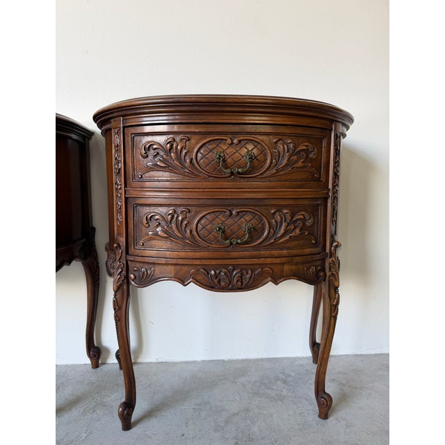 1950s Pair of French Rococo Carved Walnut Demilune Nightstand With Marble Top For Sale - Image 5 of 16