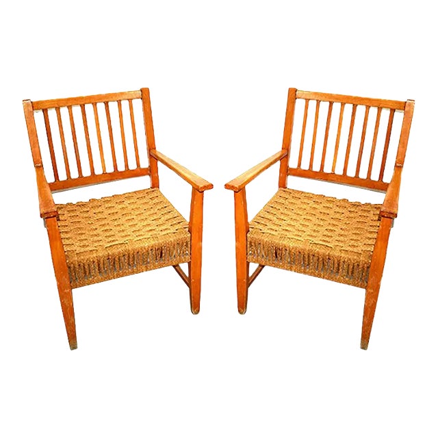 Set of Italian Wood & Cord Lounge Chairs, 1940s For Sale
