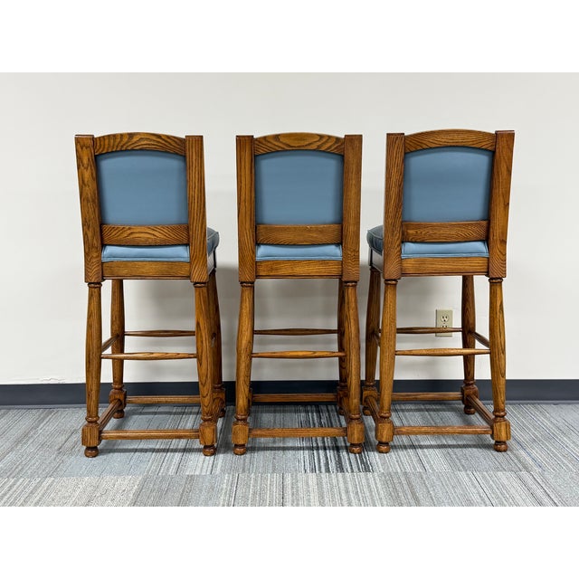 Beautiful Bar Stool Oak Frame Vinyl Seat & Back ~ Set of 3 For Sale - Image 4 of 7