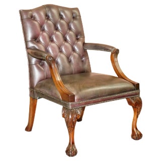 George II Gainsborough Carver Chesterfield Leather Armchair with Claw and Ball Feet For Sale