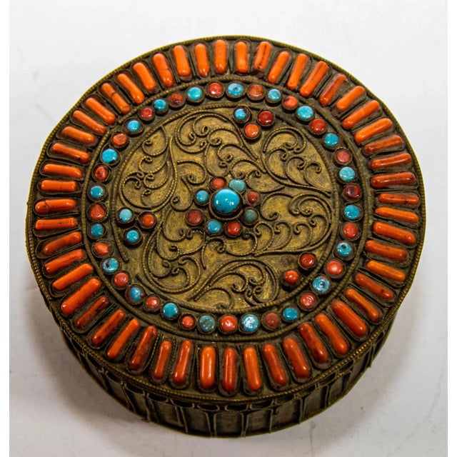 Antique Chinese Tibetan Brass Filigree with turquoise and red beads round Box Handcrafted round Tibetan, Nepalese brass...