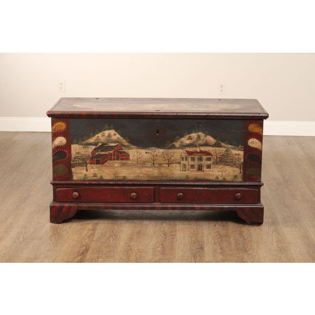 High Quality Antique 18th Or 19th Century Pine Blanket Chest with Later Hand Painted Decoration of Winter Farm Scene and...