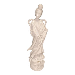 Vintage Blanc De Chine Porcelain Guanyin Figure Holding Lotus For Sale