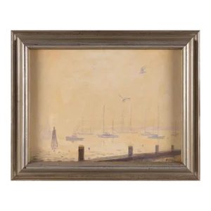 1960's Nantucket Harbor in the Fog, Oil on Board
