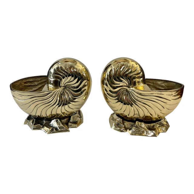 Pair of Large Solid Brass Nautilus Shell Bottle Coolers or Planters For Sale