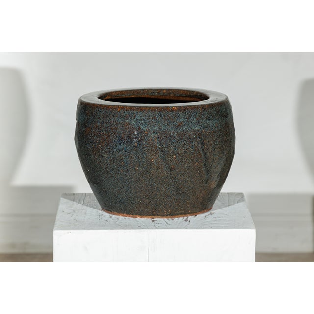 Vintage Chinese Brown and Blue Speckled Planter with Wide Opening For Sale - Image 18 of 18