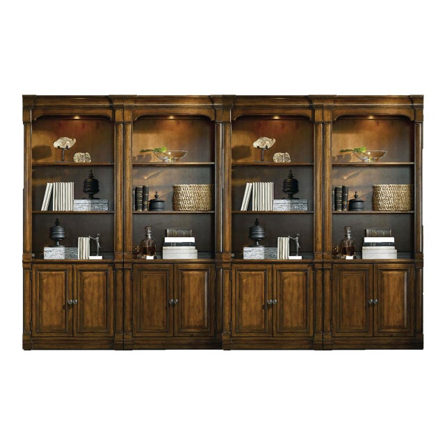 Brown One Warm Walnut Tabaccoo-Brown Single Bunching Bookcase With Lights and Glass Shelf For Sale - Image 8 of 11