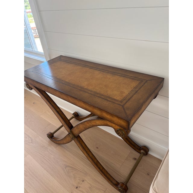 2000 - 2009 Kreiss Neoclassical Leather-Top Console Table With X-Base & Brass Stretchers For Sale - Image 5 of 7