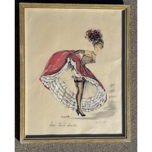 1950s 1950s Pair of Original French Cabaret CanCan Dancers Watercolor Paintings by Janicotte For Sale - Image 5 of 8