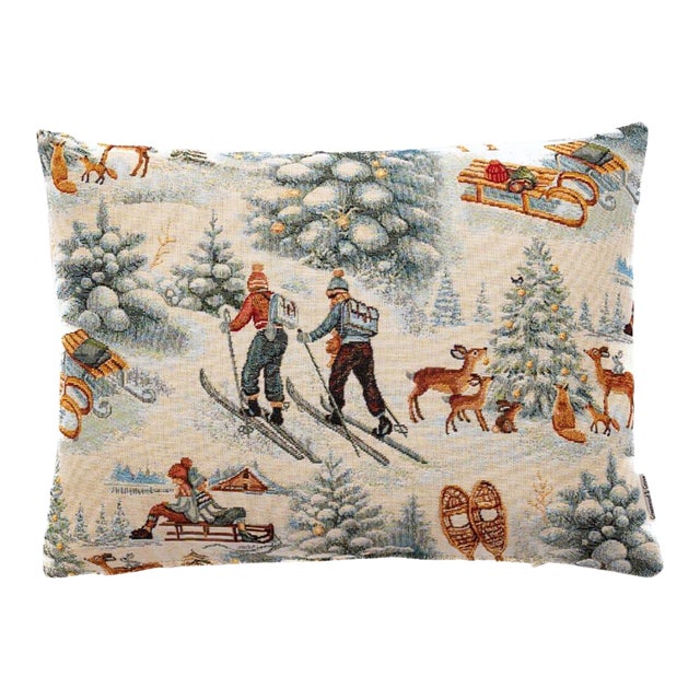 Winter Skiing Woven Cushion With Feather Filler - 30x42cm (12"x17") For Sale