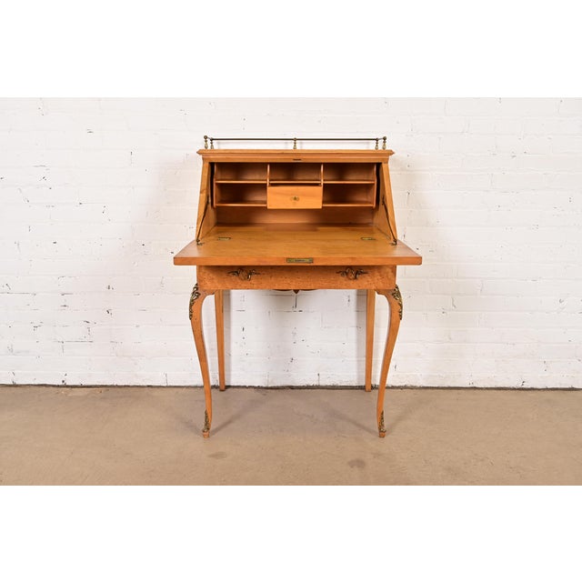 Wood Baker Furniture Style Antique French Provincial Louis XV Birdseye Maple Drop Front Secretary Desk With Mounted Brass Ormolu, Circa 1890s For Sale - Image 7 of 18
