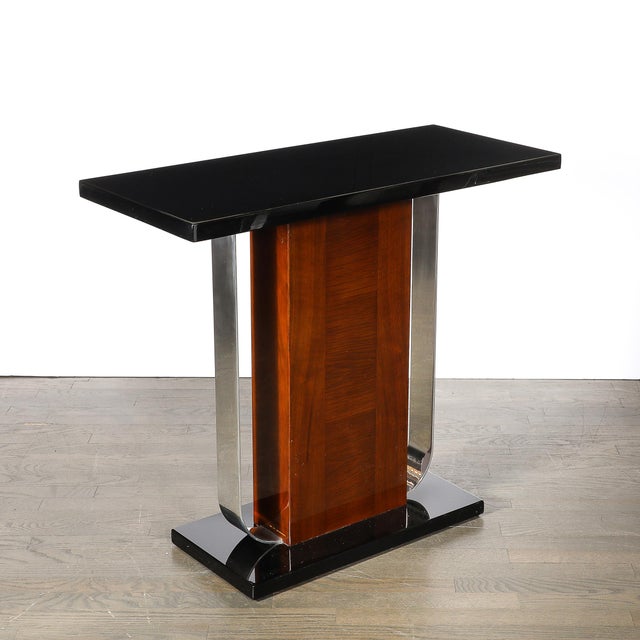Art Deco Machine Age Console Table in Walnut, Lacquer & Banded Nickeled Supports For Sale In New York - Image 6 of 12