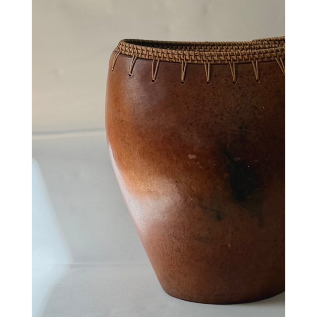 Pair of Vintage Indonesian Ceramic Vessels With Hand-Woven Rattan Rim For Sale - Image 11 of 18