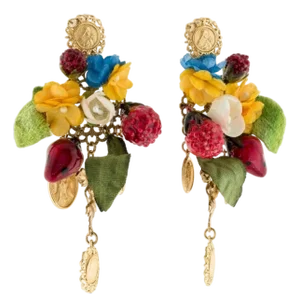 Dolce & Gabbana Earrings Gold Coin Floral Fruit Charms Sicily Chandelier, A Pair