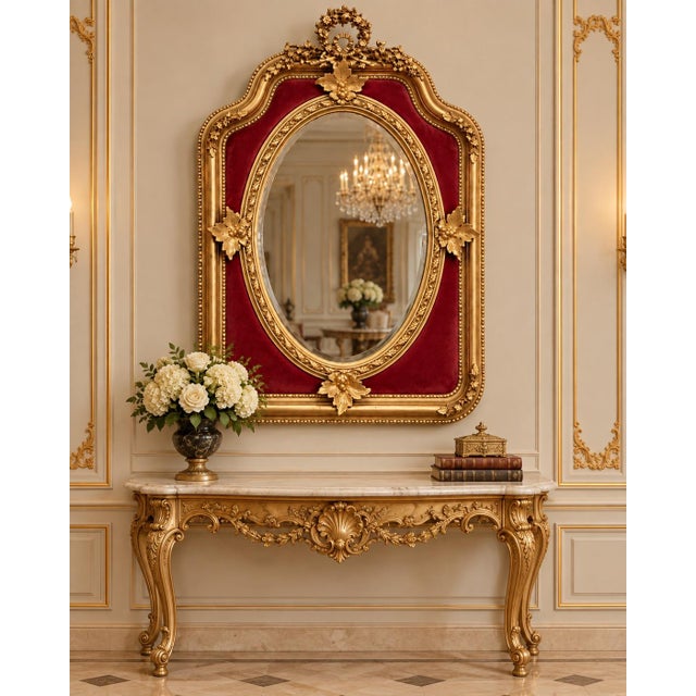French Mid 20c French Artisan Louis XVI Gold Wood Wall Mirror For Sale - Image 3 of 8