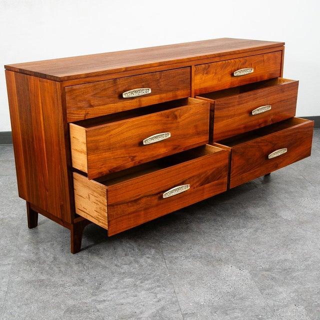 1960s 1960s Credenza Dresser 6 Drawer Ace Hi Solid Walnut Brass Handles, Attributed For Sale - Image 5 of 12