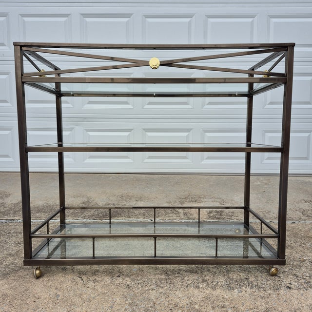 Metal Late 20th Century Neoclassical Maison Jansen Style 3-Tiered Metal & Glass Bar Cart or Serving Cart With Gallery For Sale - Image 7 of 10
