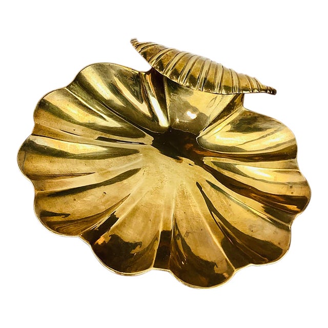 Vintage Hollywood Regency Brass Clam Shell Serving Tray For Sale