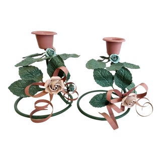 Mid-Century Tole Pink/Green Ribbons Roses Candle Holders- a Pair For Sale