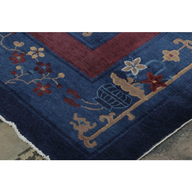 Early 19th Century Antique Chinese Art Deco Rug in Blue and Red With Floral Patterns - Rug & Kilim For Sale - Image 5 of 7