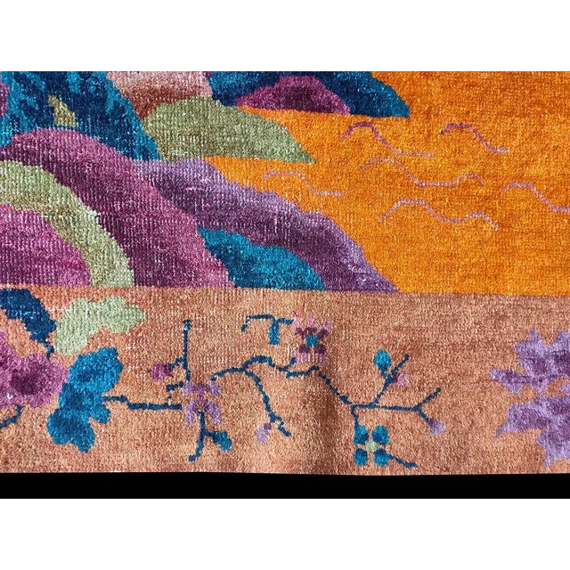 Pumpkin 1920s Orange Scene Floral Antique Chinese Art Deco Rug 6'0" X 8'8" Knotted Wool Carpet For Sale - Image 8 of 9