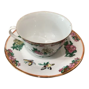 Late 20th Century Vintage Bone China Chinese Coffee Cup and Saucer With Traditional Lanterns and Flowers and Butterflies- 2 Pieces