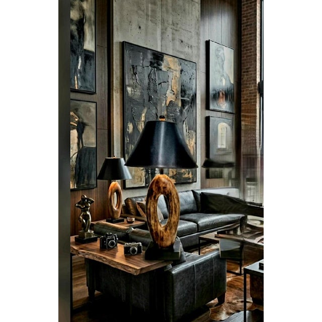 Mid-Century Modern Vintage Extra Tall Organic Wood and Bone Mid Century Modern Open Oval Black Shade Table Lamps - a Pair For Sale - Image 3 of 15