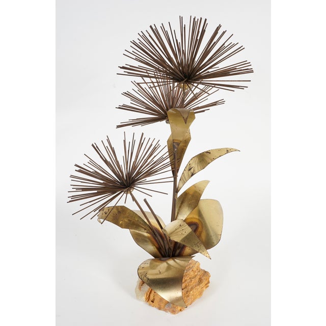 Mid century modern Mario Jason brutalist style metal sculpture with metal pom pom flowers and shiny brass leaves on an...