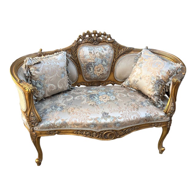 1960s French Style Settee Gold Leaf Loveseat Sofa For Sale