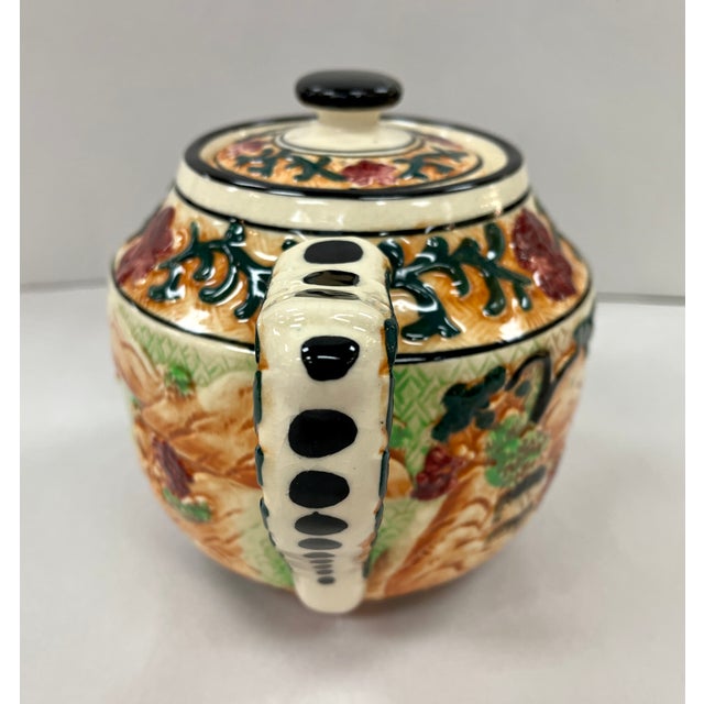 Vintage Majolica Teapot With Asian Designs For Sale - Image 4 of 12