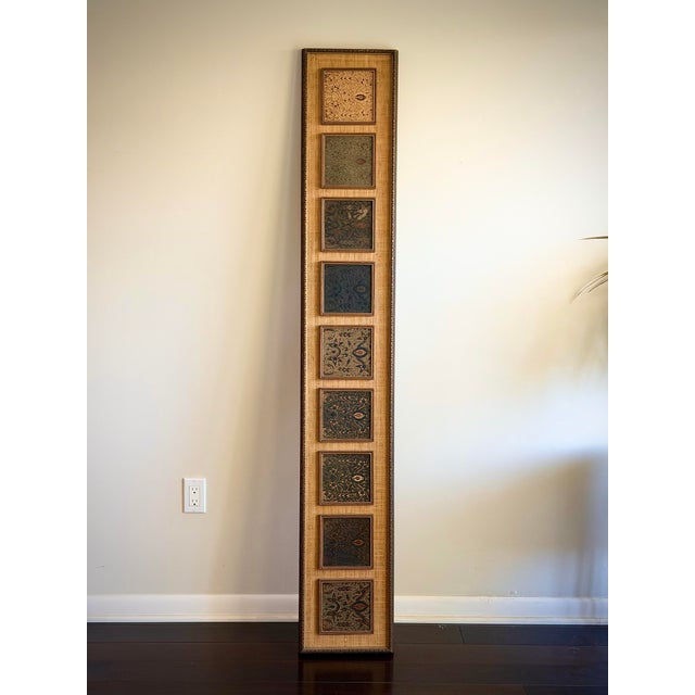 Oversized Tall Vertical Textile Panel With Batik Insets and Grasscloth Backing, Carved Custom Wood Frame, Architectural Wall Art For Sale - Image 10 of 12