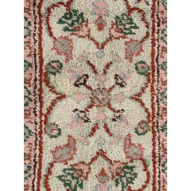 Nice early 20th century Moroccan rug with a design of the Smyrne and oushak rugs, with a white field, pink, green and...
