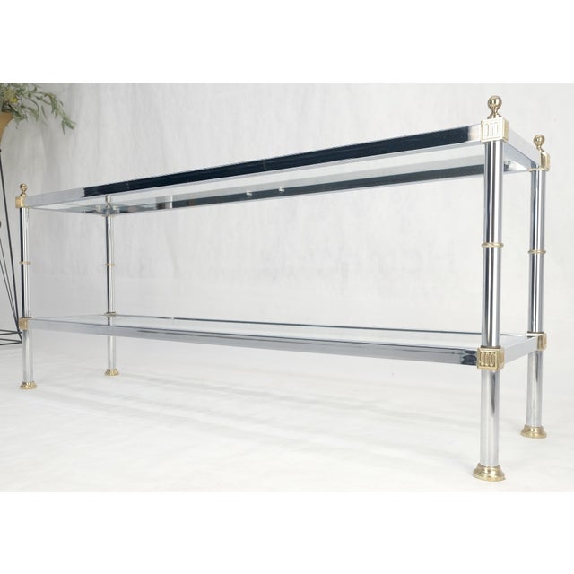 Two Tier Italian Glass Shelve Chrome 7 Brass 60" Console Sofa Table Finials MINT For Sale - Image 9 of 12